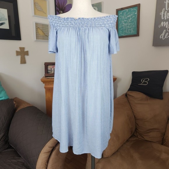 Cooperative | Dresses | Cooperative Urban Outfitters Off The Shoulder  Babydoll Blue Striped Dress Size M | Poshmark